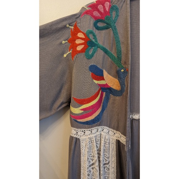 Judith March Gray Open Front Bird Floral Kimono Shawl Robe Size M Boho Artsy - Picture 5 of 7